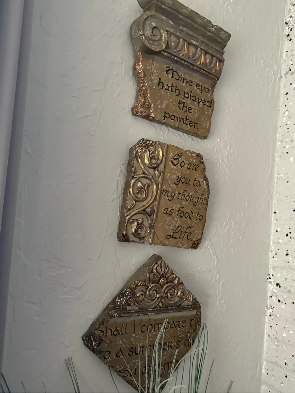 Shakespeare Quote gilded faux-stone architectural Wall Plaques Set of 3
